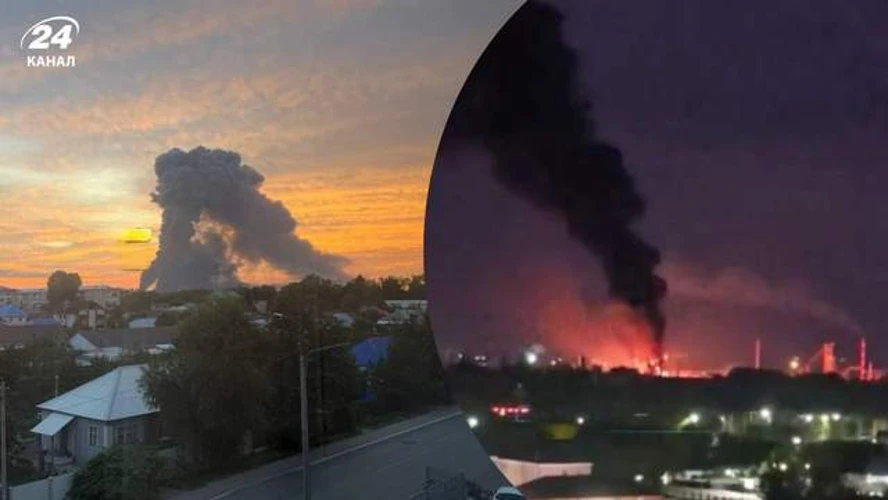 Густий темний дим і полум'я над Новокуйбишевським НПЗ після нічної атаки 22 серпня 2026 року